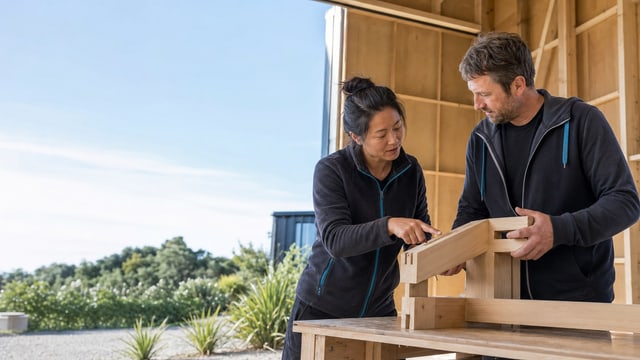 Illustrative East Asian and European New Zealand joinery co-owners checking a timber frame together.