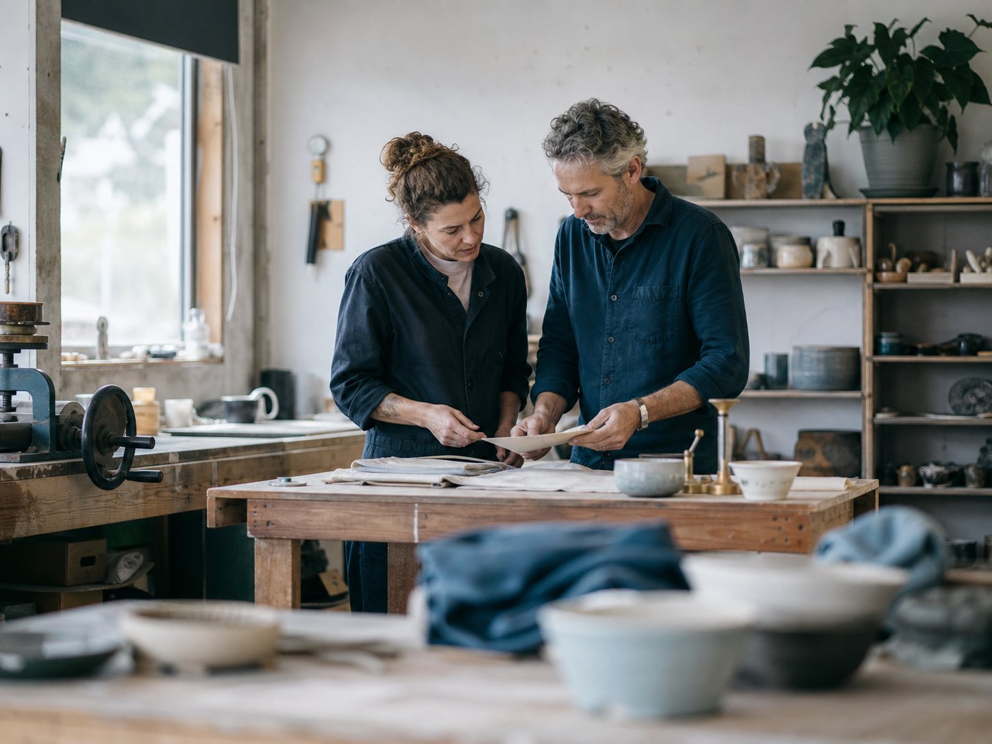 Illustrative scene of two people working together in a small workshop.