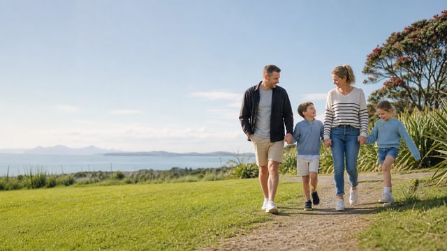 Illustrative European New Zealand family walking together in a bright Auckland coastal park.